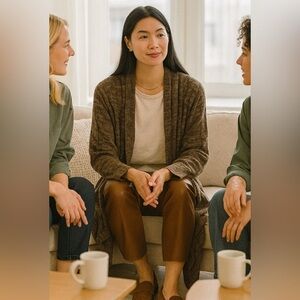 Y2K LINK shawl collar open concept knitwear  in brown & tan color mix 🧶